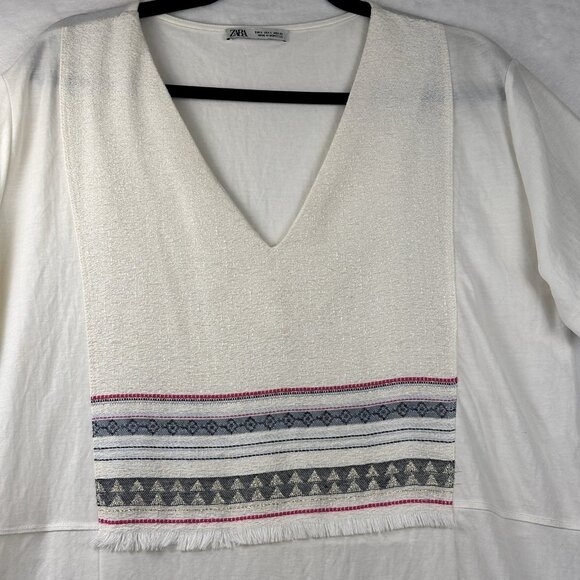 Zara Womens Oversized Boho Tunic Dress High-Low Ivory Sz S Fringe V-Neck Tribal - Picture 2 of 11